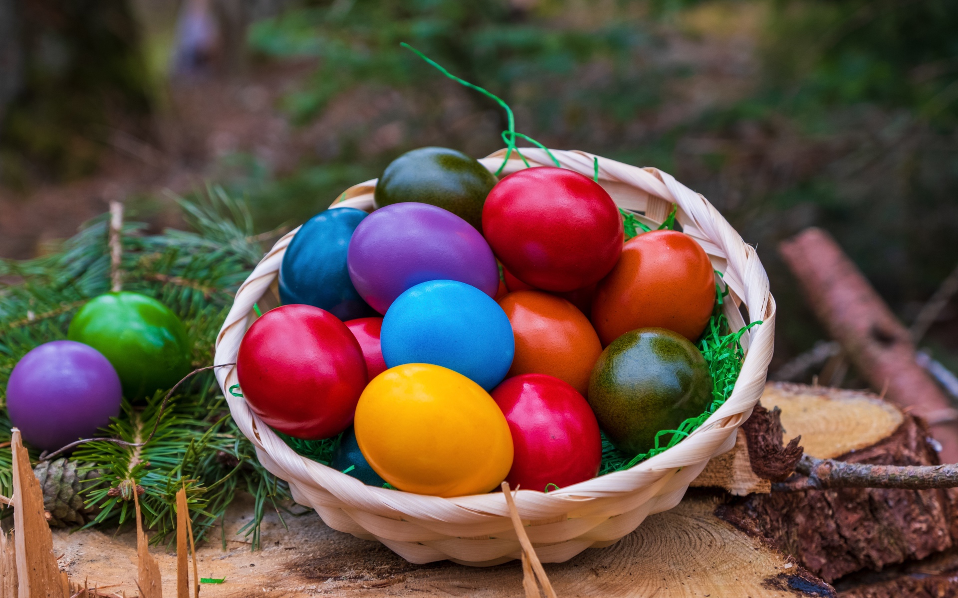 Корзина ярких крашеных яиц на великий праздник Пасха