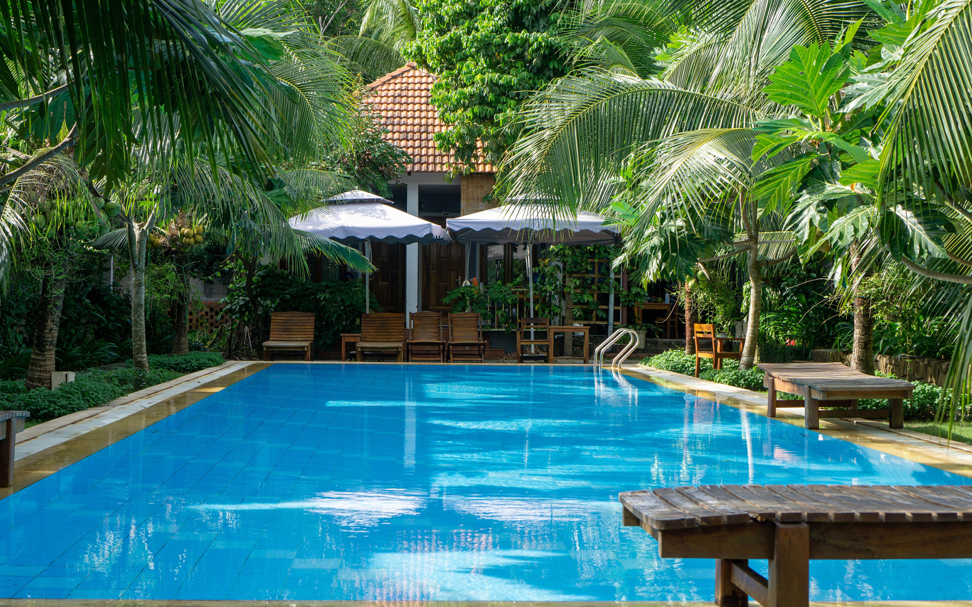 Бассейн с голубой водой у дома под пальмами