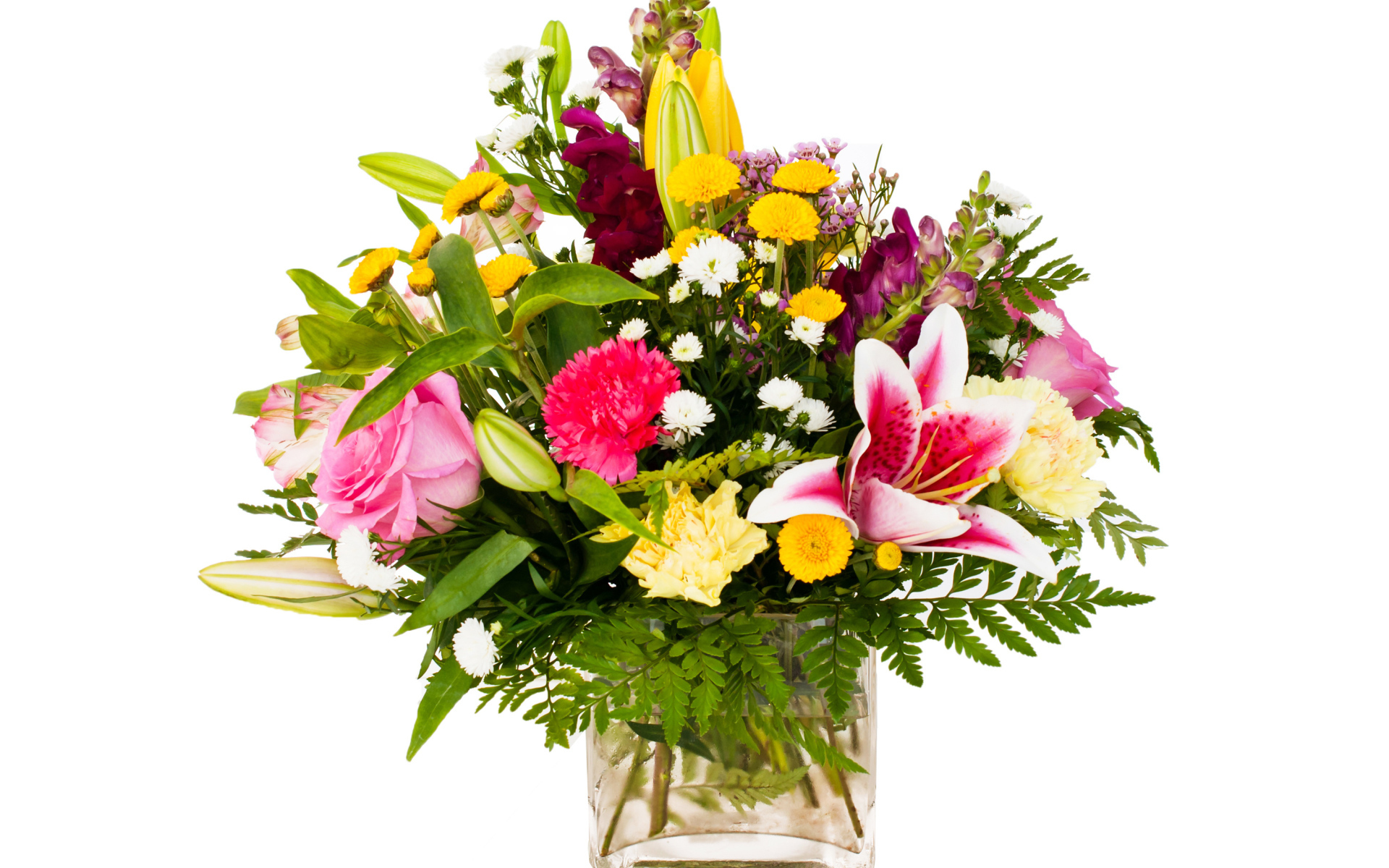 Красивый букет в стеклянной вазе на белом фоне