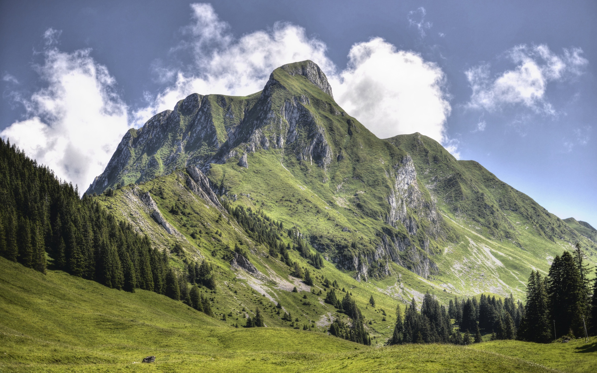 Большая зеленая гора под голубым небом