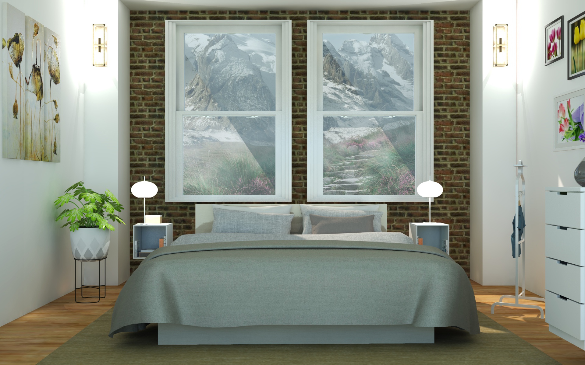 Большая кровать  в комнате с картинами на стенах 