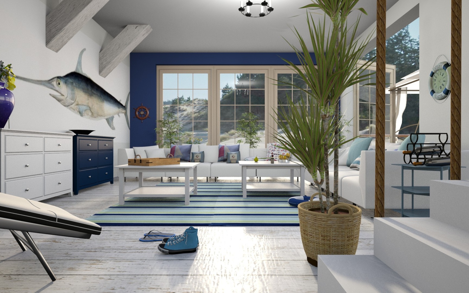 Большая просторная гостиная в бело-голубом стиле