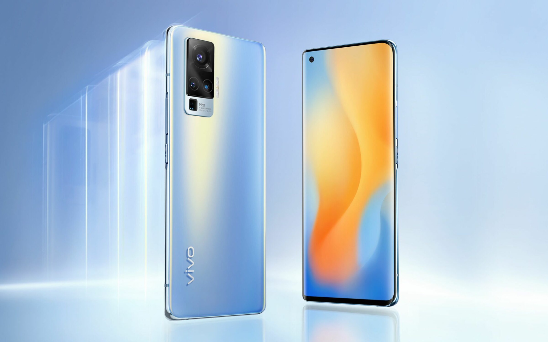 Новый стильный смартфон Vivo X60 на голубом фоне