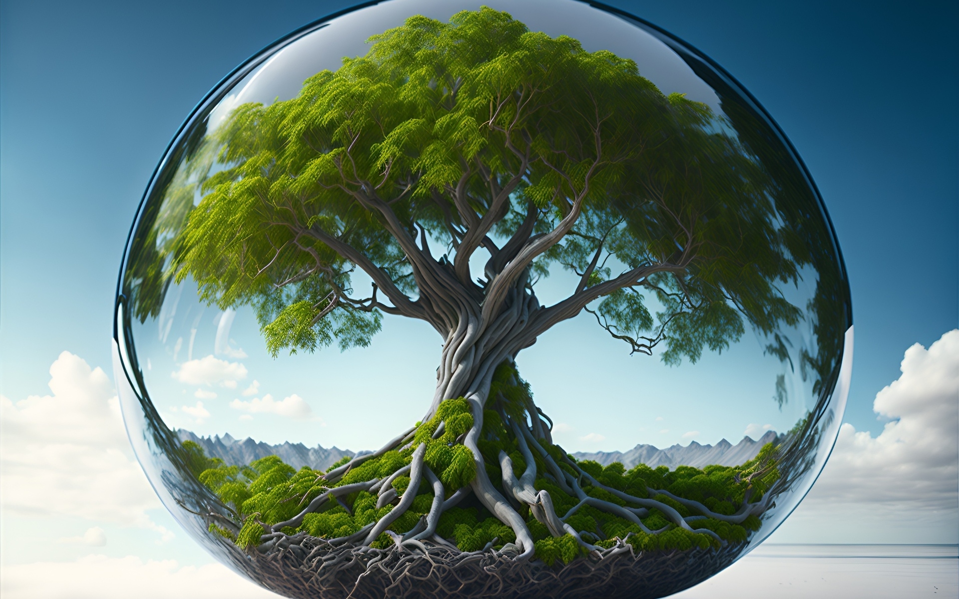 Зеленое дерево в капле воды на фоне неба