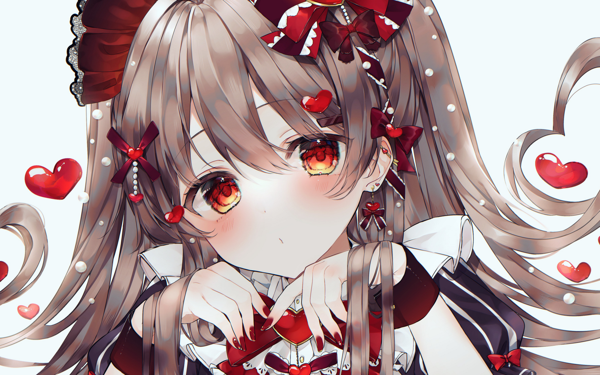 Девушка аниме с красными сердечками