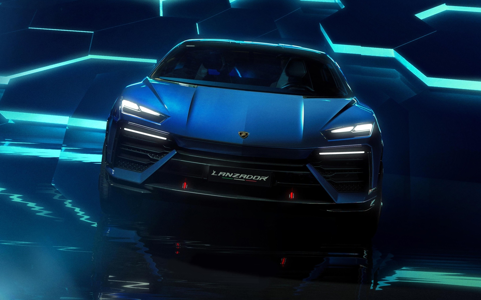 Красивый синий автомобиль Lamborghini Lanzador Concept EV вид спереди