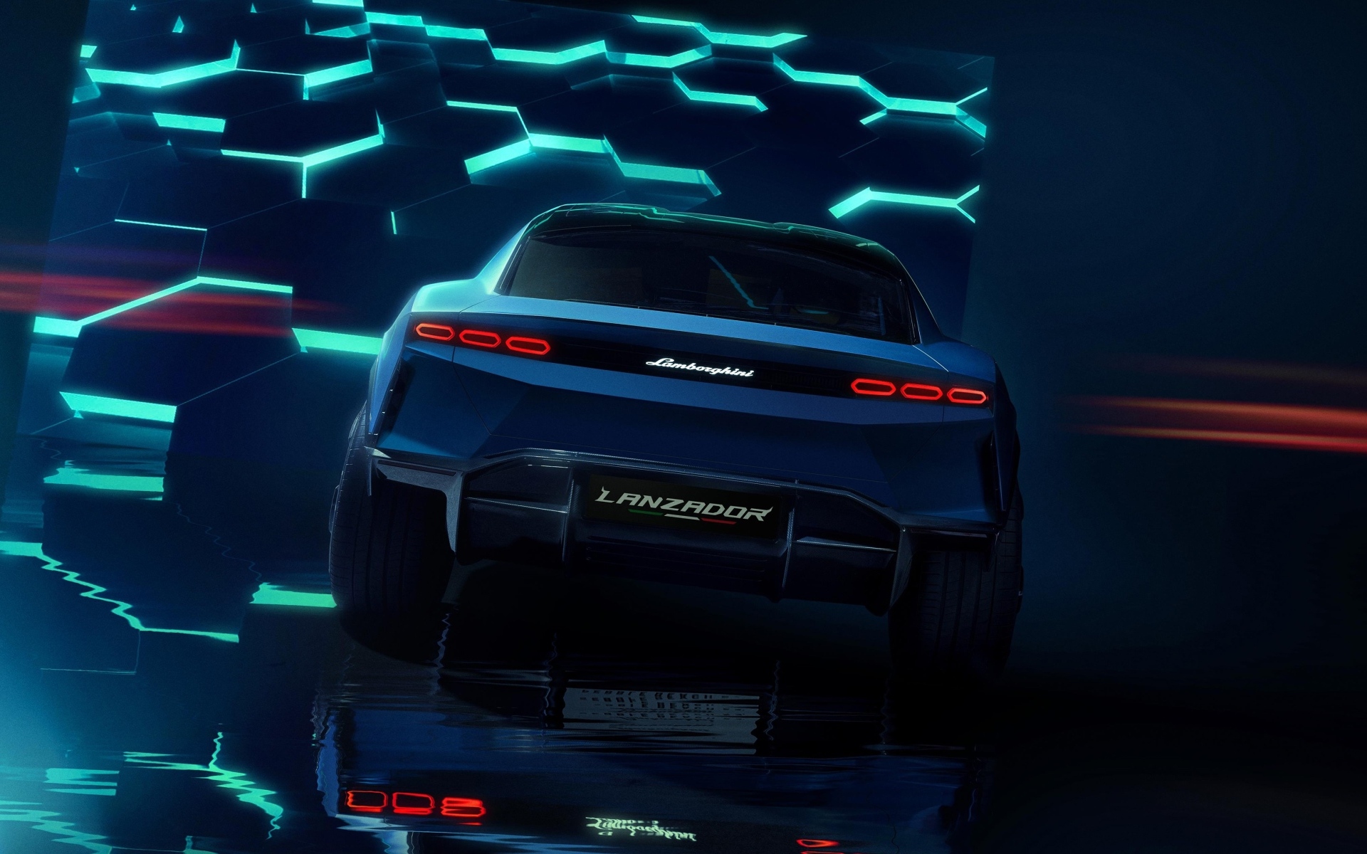 Вид сзади на автомобиль Lamborghini Lanzador Concept EV