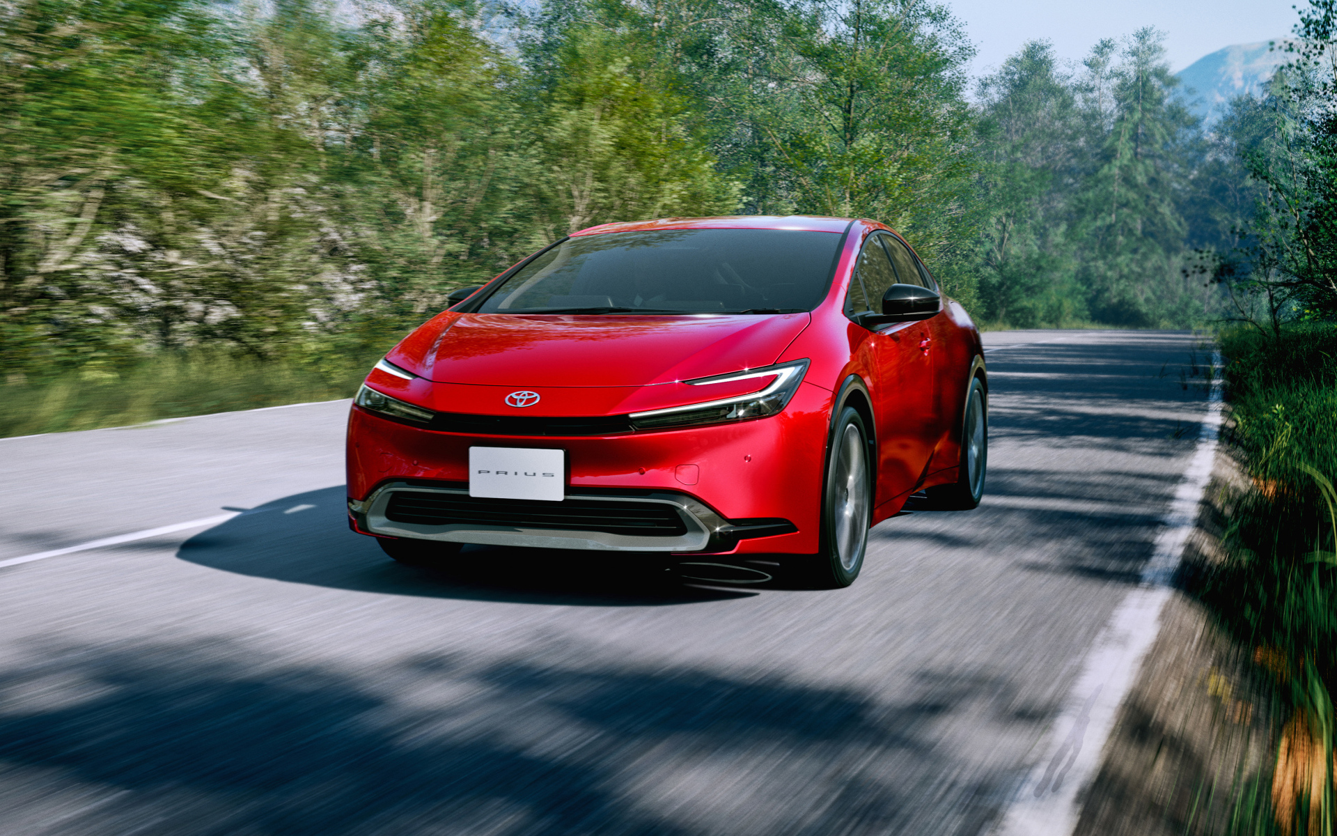 Красный автомобиль Toyota Prius HEV 2023  года на дороге