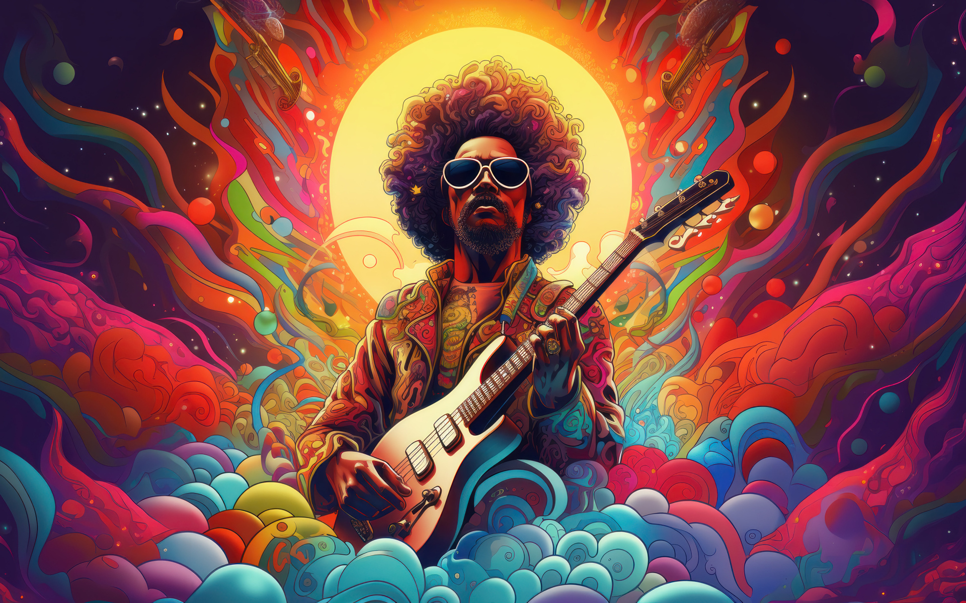 Нарисованный мужчина гитарист на разноцветном фоне