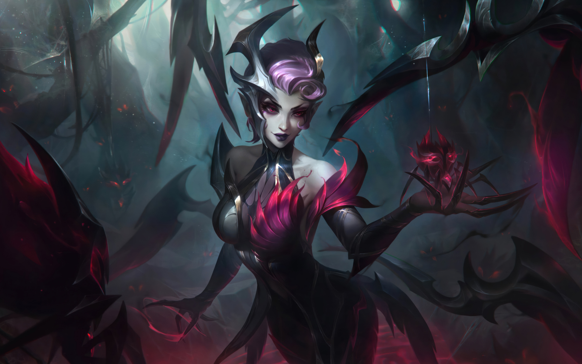 Девушка демон с пауком в руке