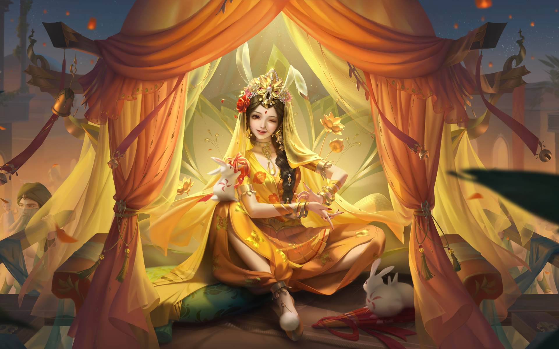 Фантастическая девушка азиатка сидит в шатре