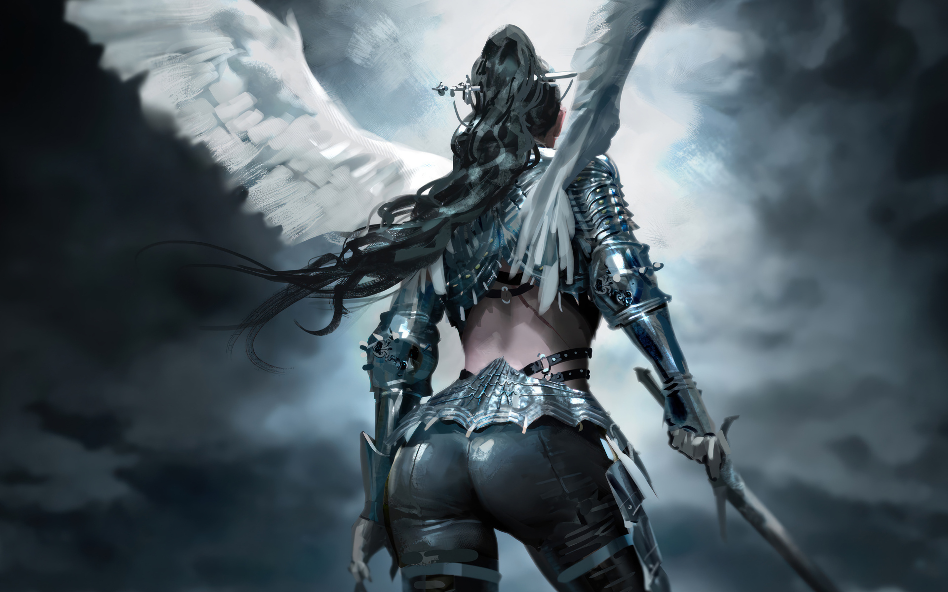 Фантастическая девушка ангел с оружием