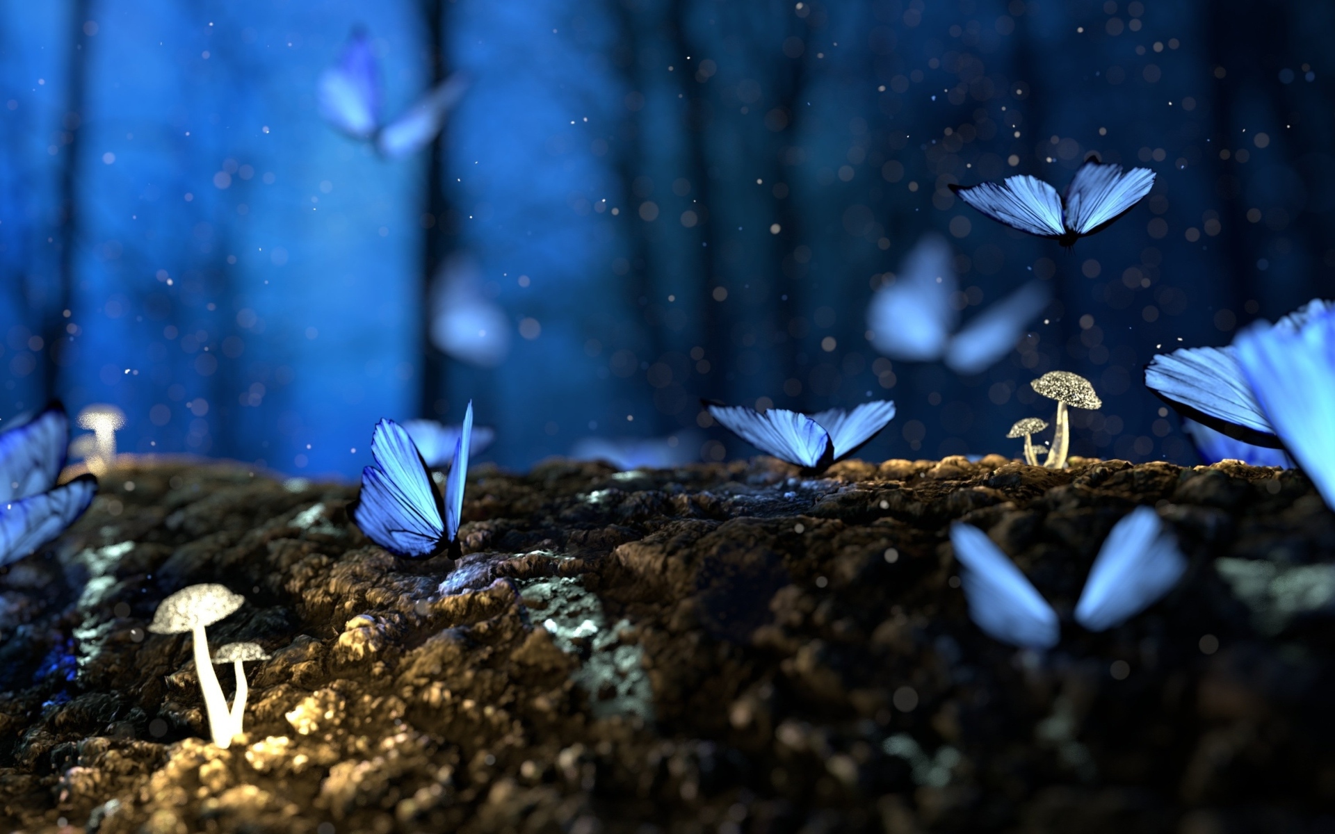 Волшебные голубые бабочки летают в лесу над грибами