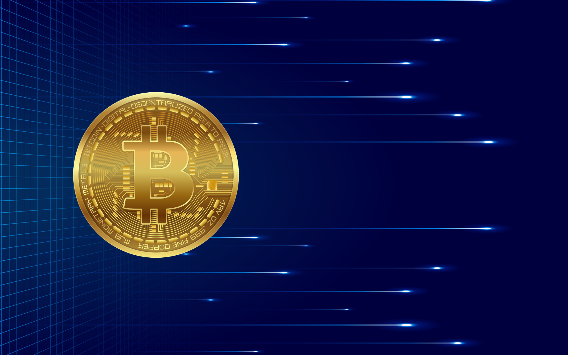 Золотая монета биткоин на синем фоне с яркими линиями