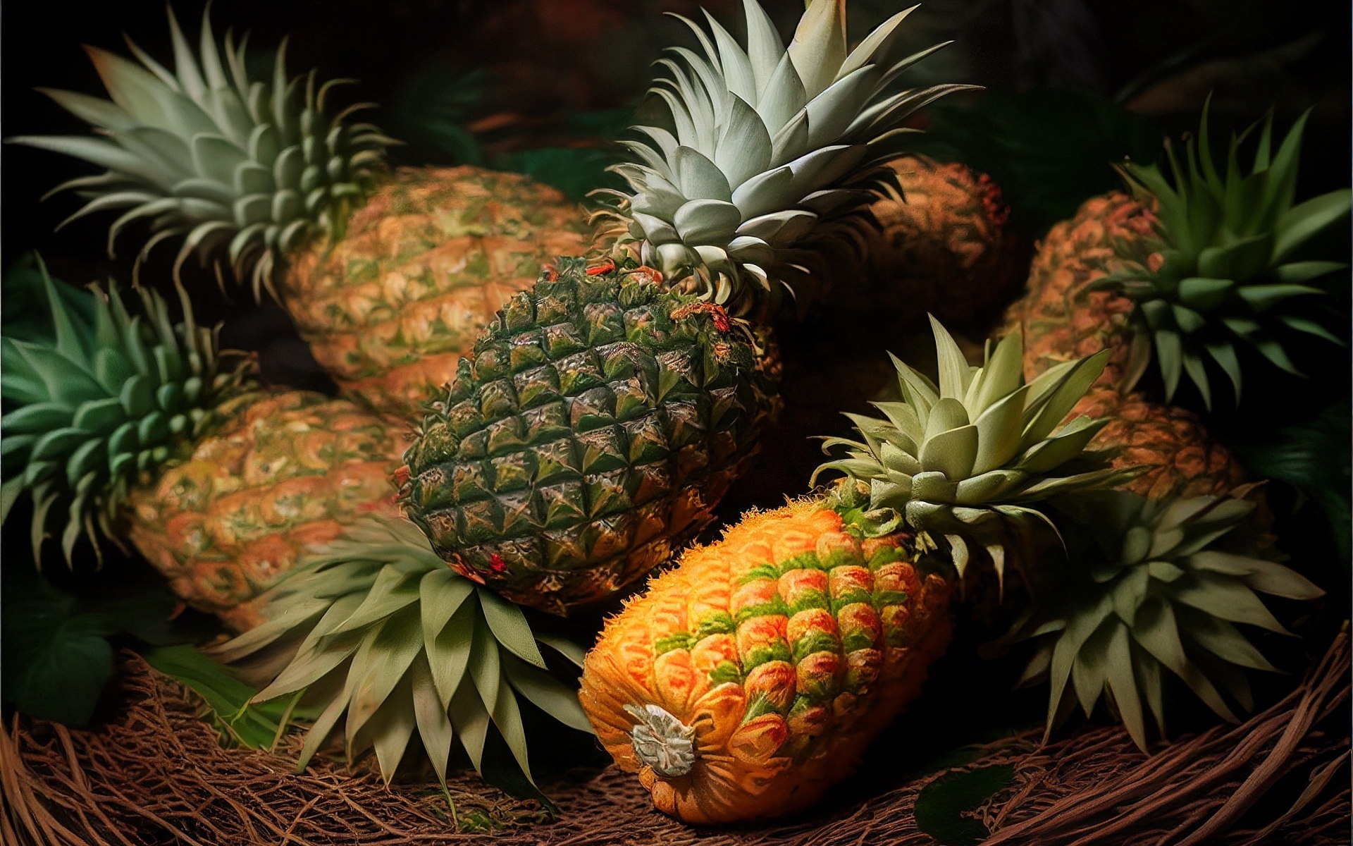 Много спелых ананасов крупным планом