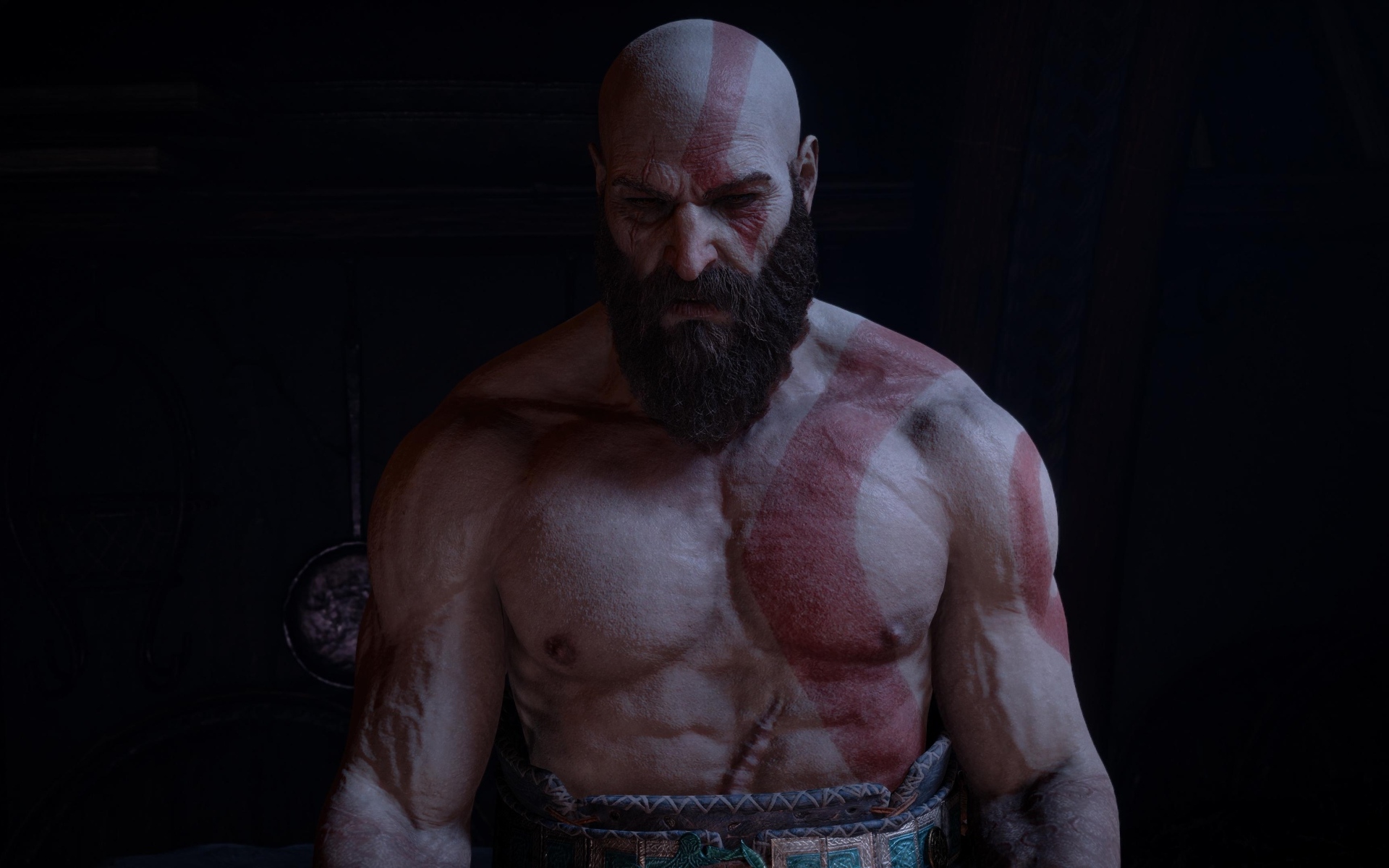 Накаченный мужчина Кратос персонаж компьютерной игры God of war