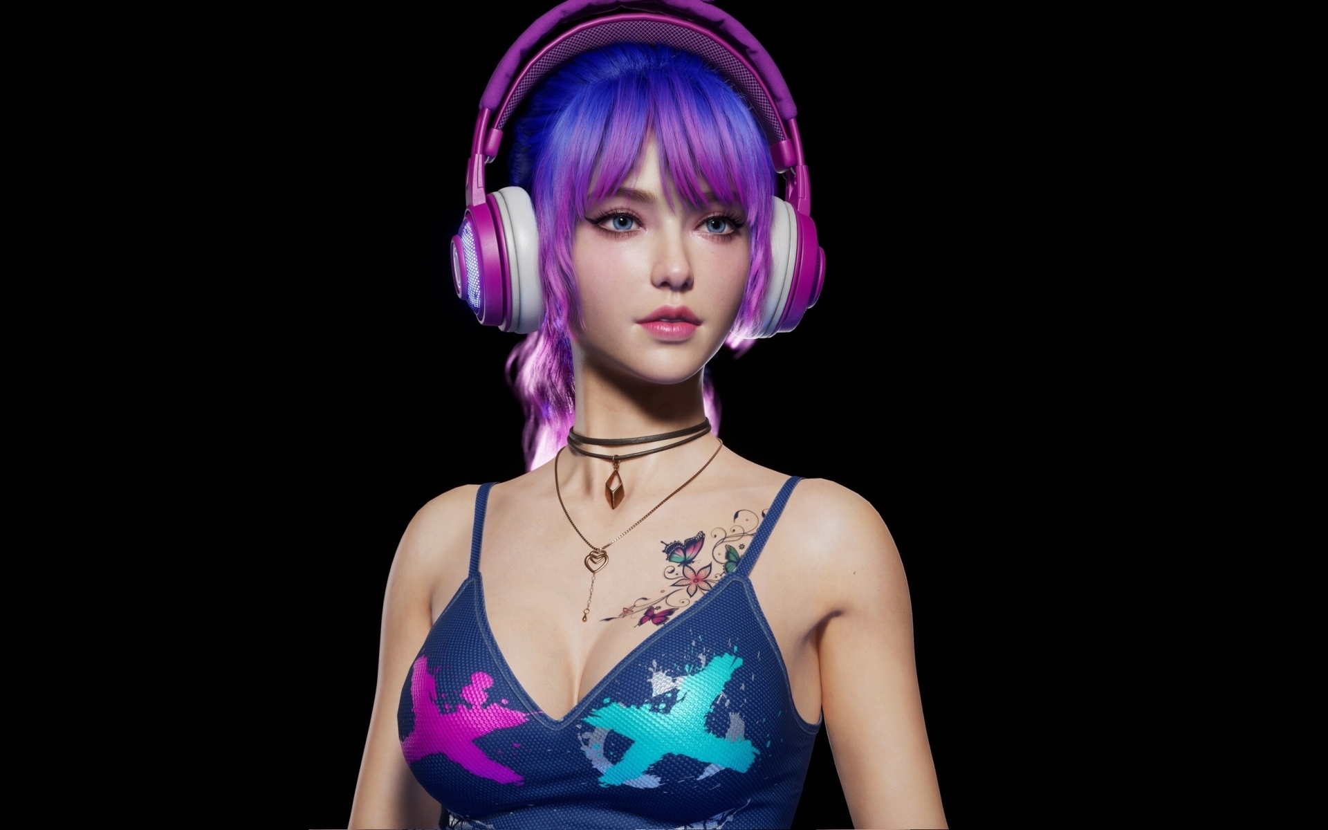 Девушка 3д с наушниками на голове на черном фоне