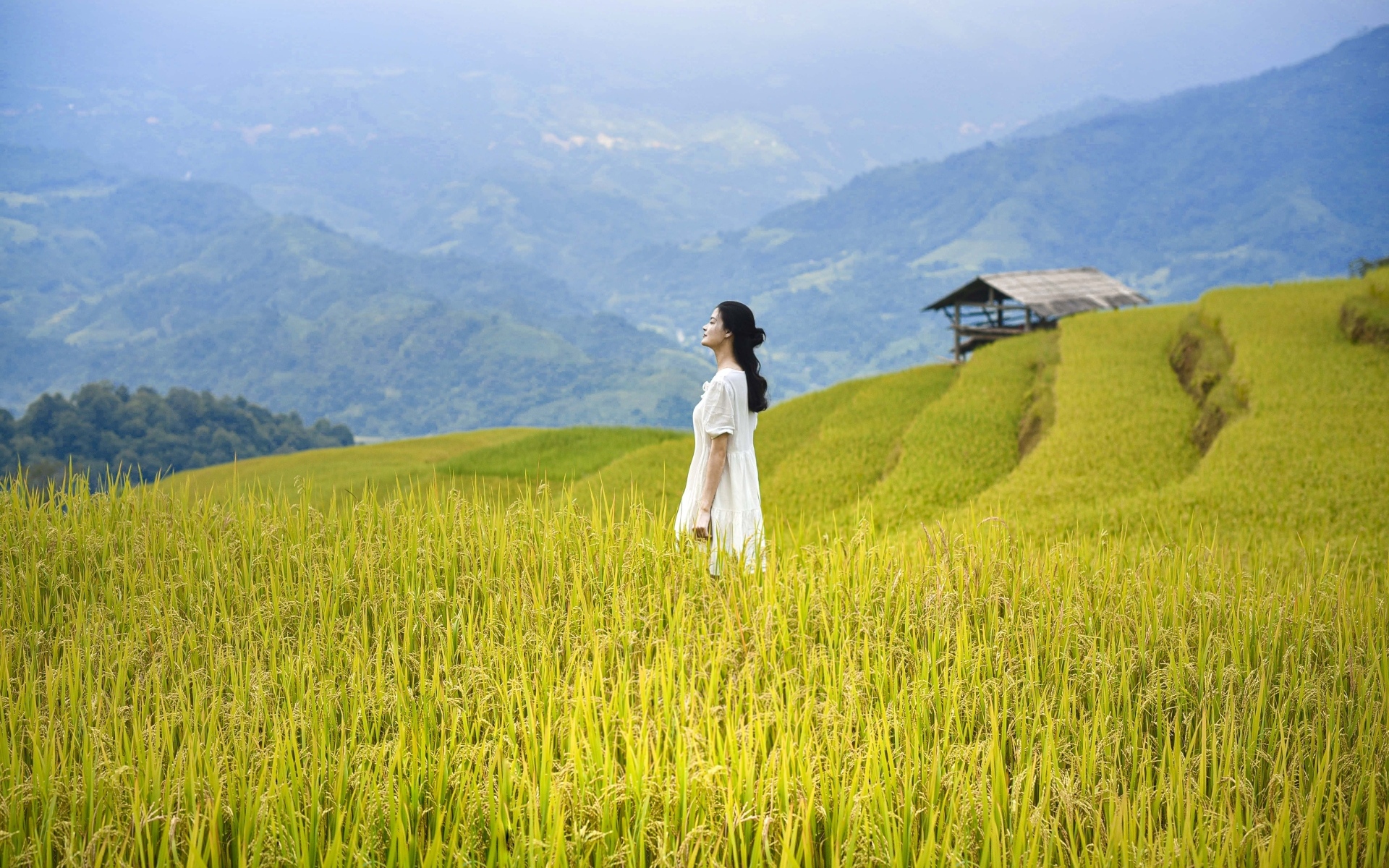 Девушка азиатка в белом платье дышит горным воздухом