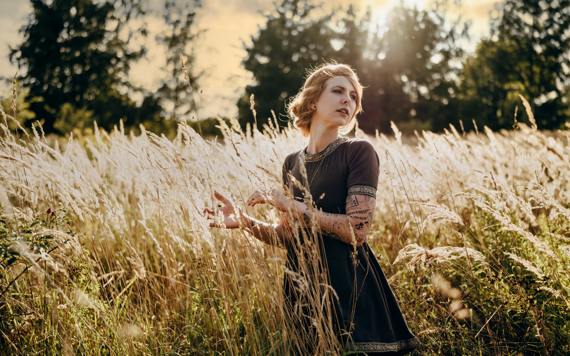 Красивая девушка в черном платье на поле с колосьями