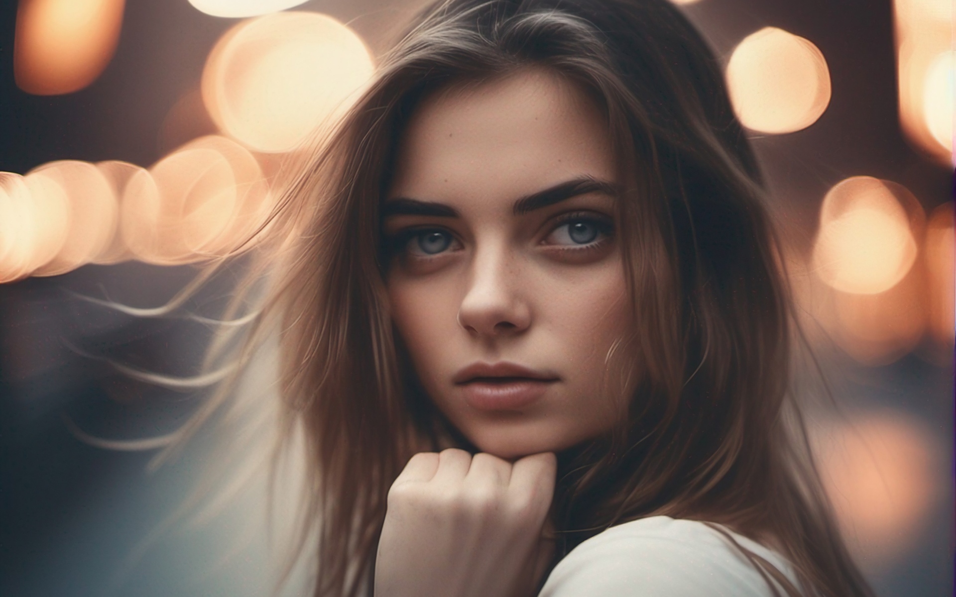 Красивая молодая голубоглазая девушка в свете фонарей