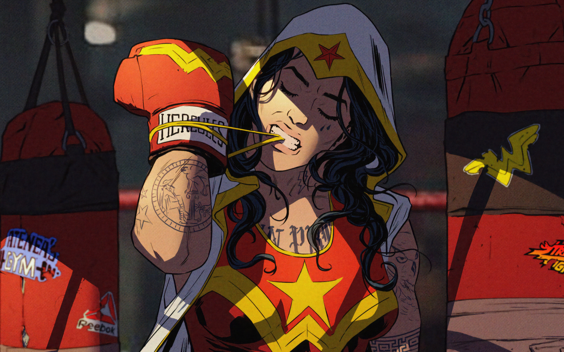 Девушка супергерой в боксерских перчатках