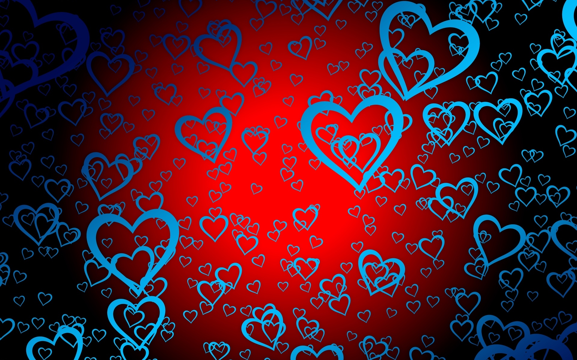 Много голубых сердец на красном фоне
