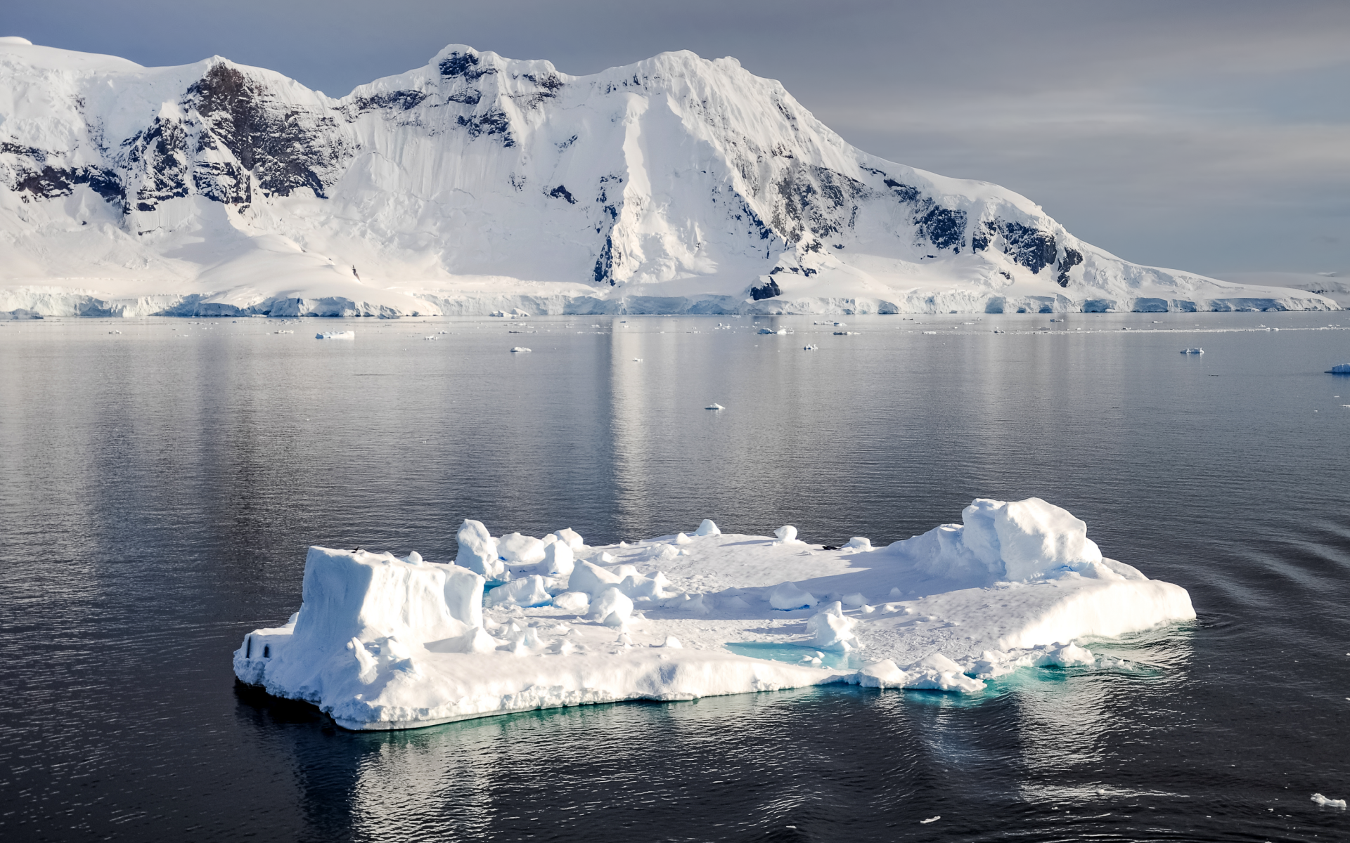 Холодный айсберг в воде у заснеженных гор, Антарктика