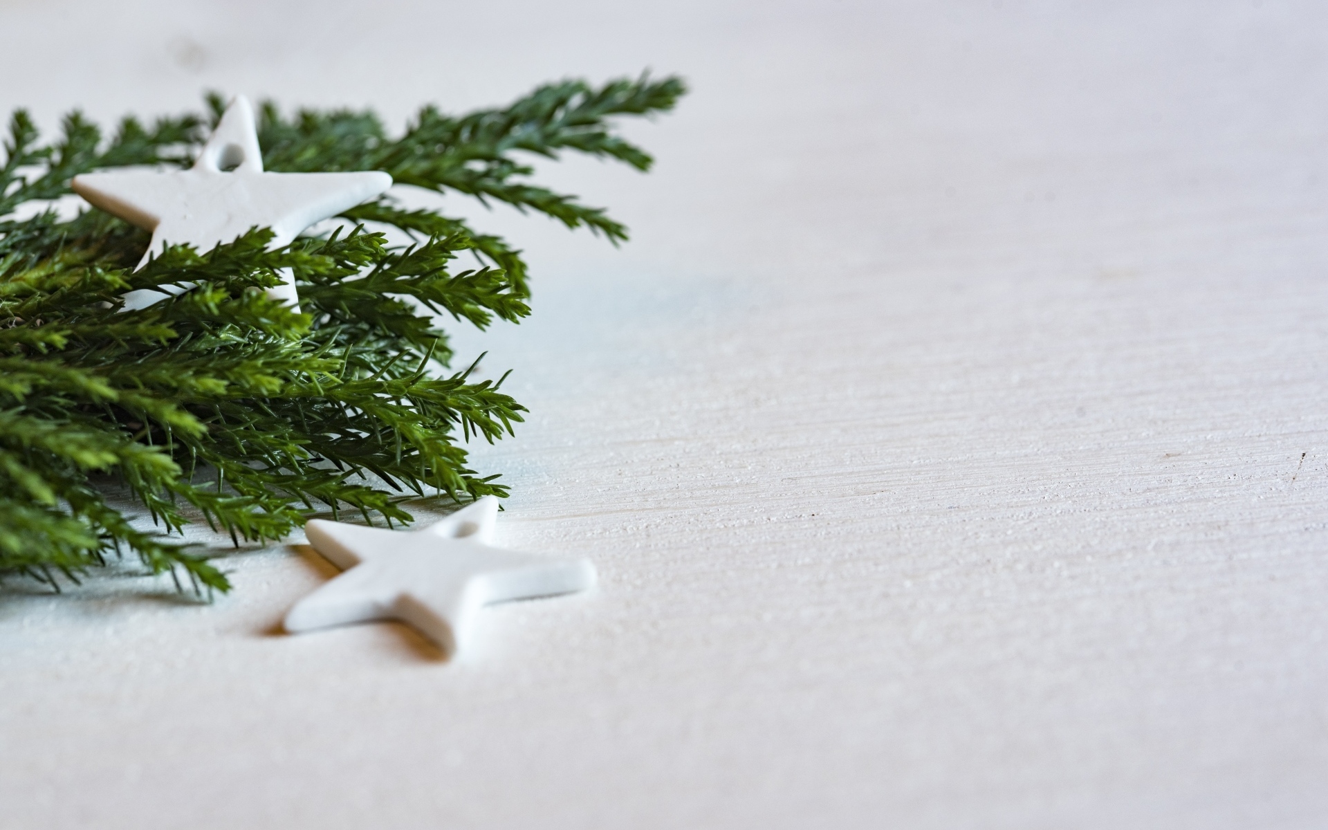 Звезды и ветка ели на белой поверхности 