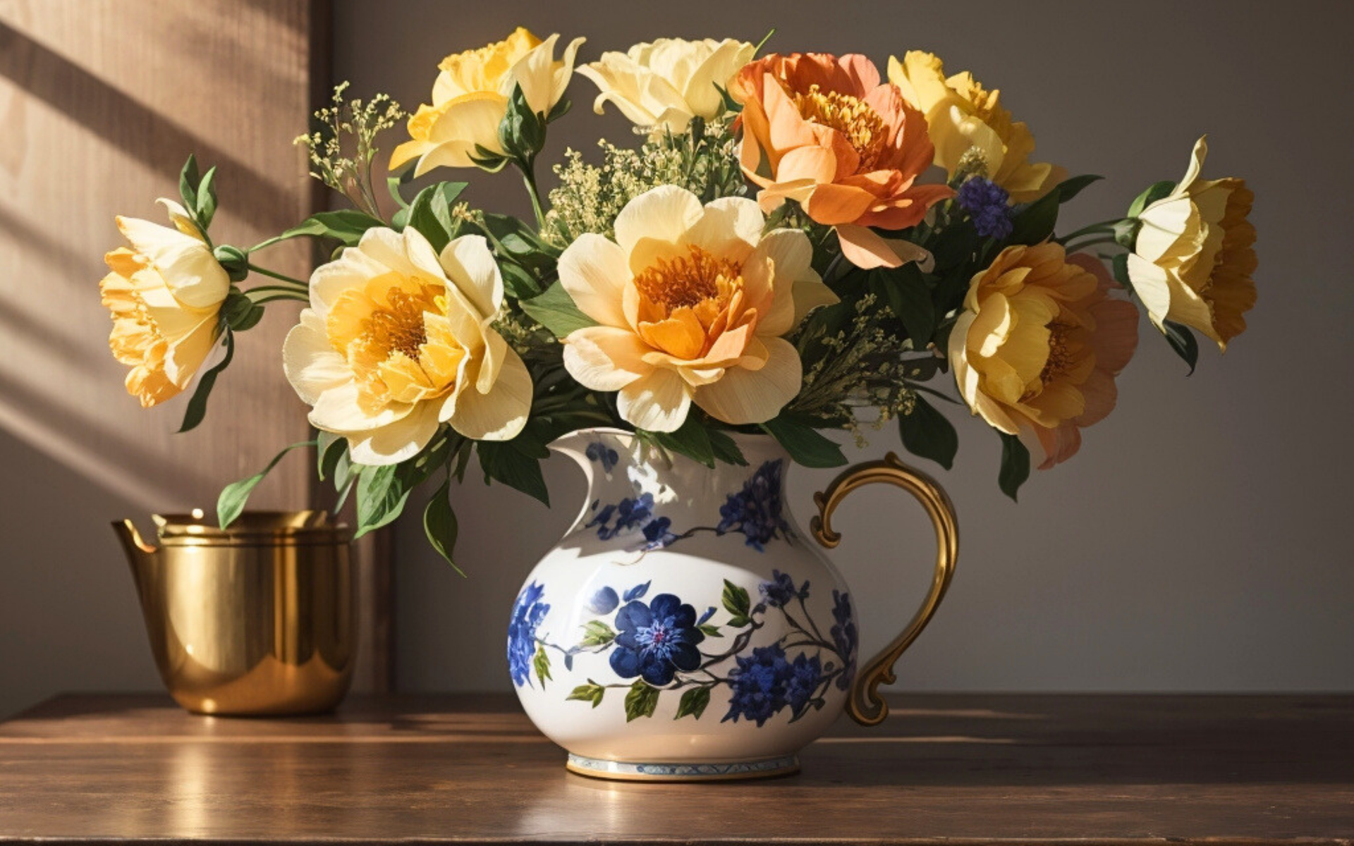 Букет красивых оранжевых цветов в кувшине на столе