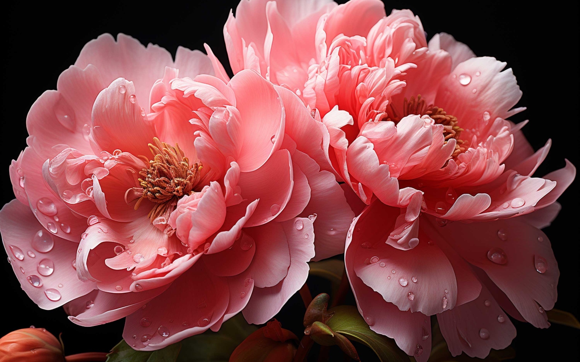 Красивые розовые пионы в каплях воды