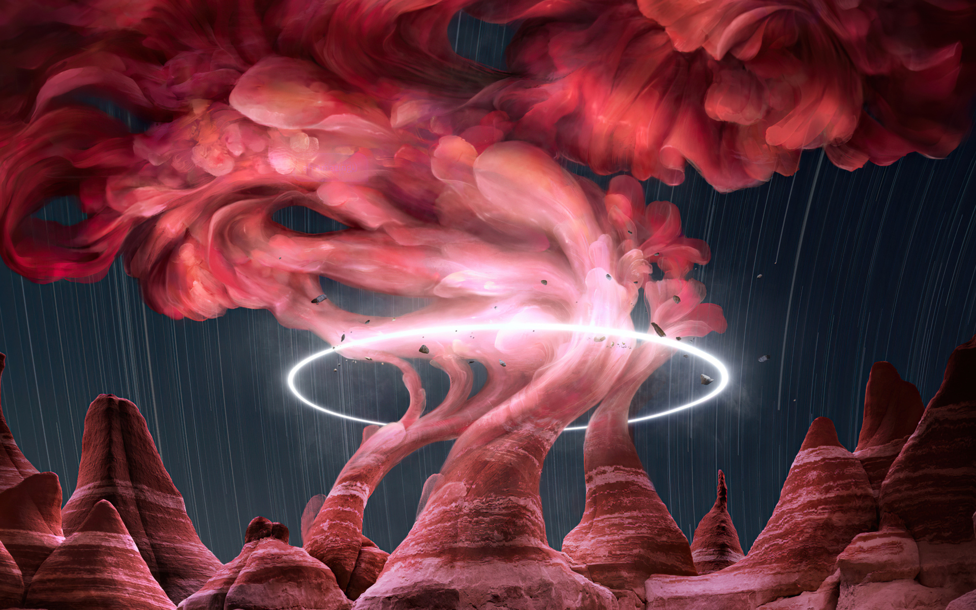 Красный дым над скалами