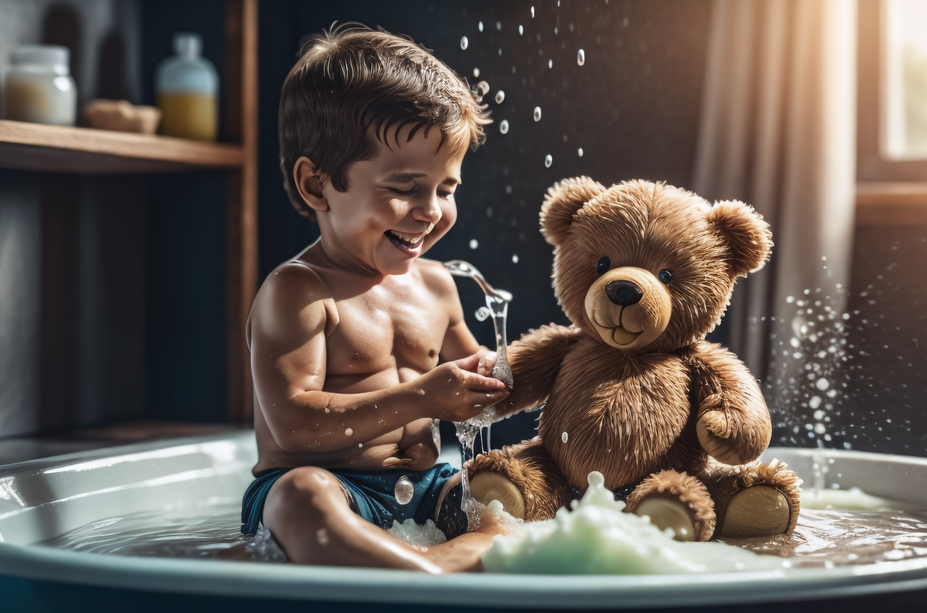 Маленький мальчик купается с игрушкой
