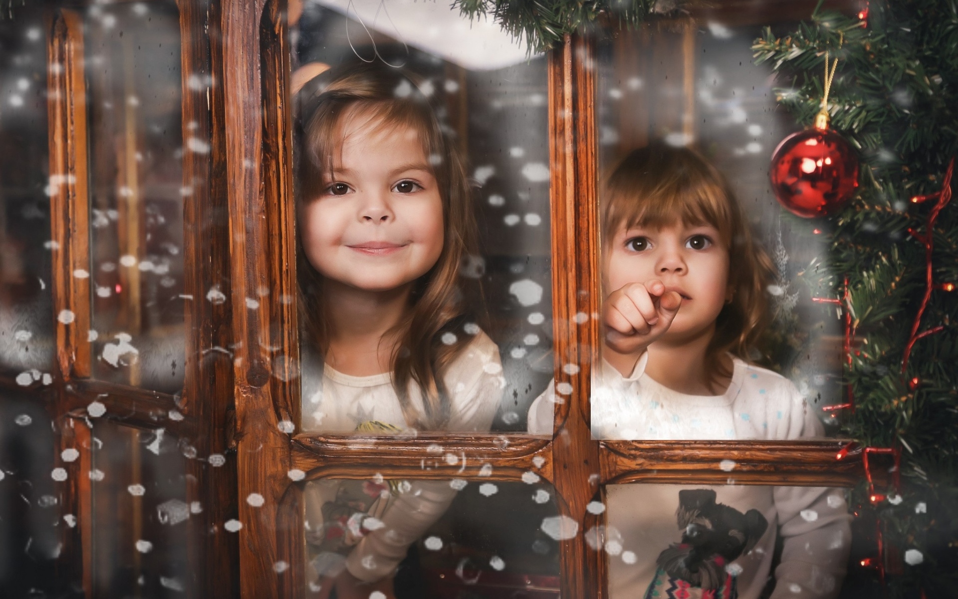 Две маленькие девочки сидят у окна на Рождество