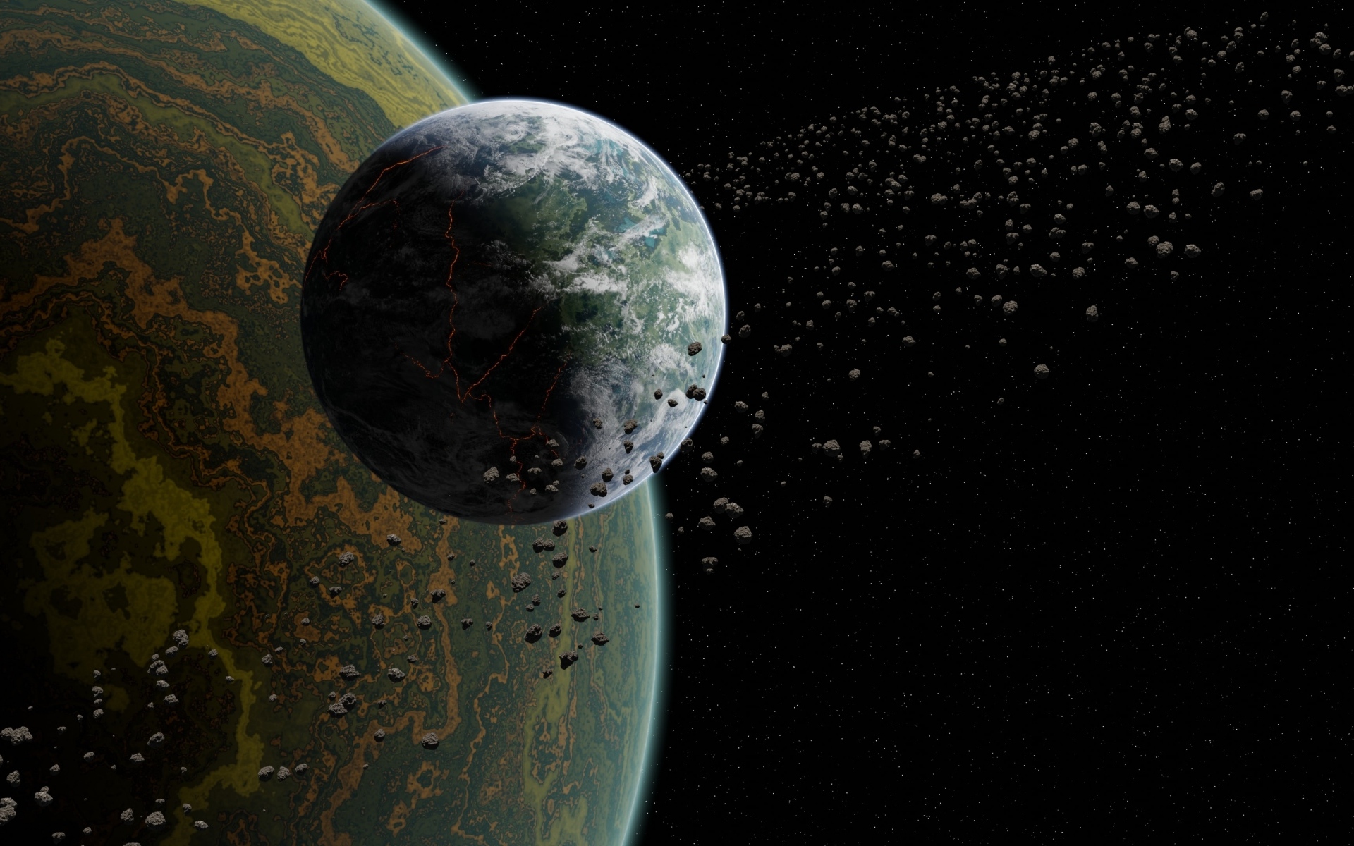 Две планеты солнечной системы с астероидами в космосе