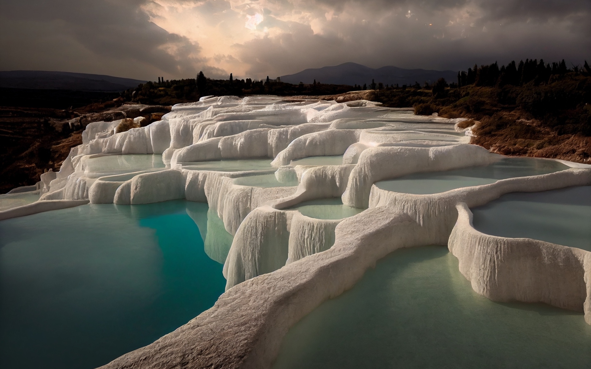 Красивый курорт Памуккале под грозовым небом Турция