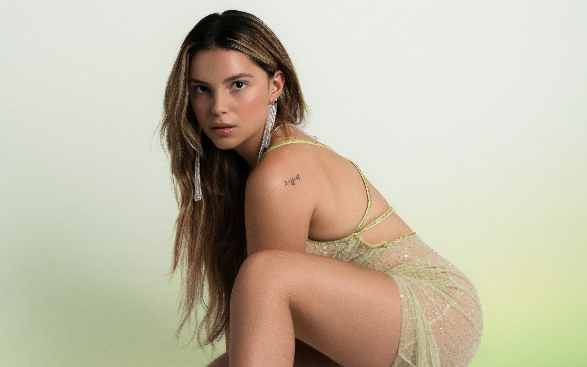 Американская актриса Инде Наварретт на белом фоне