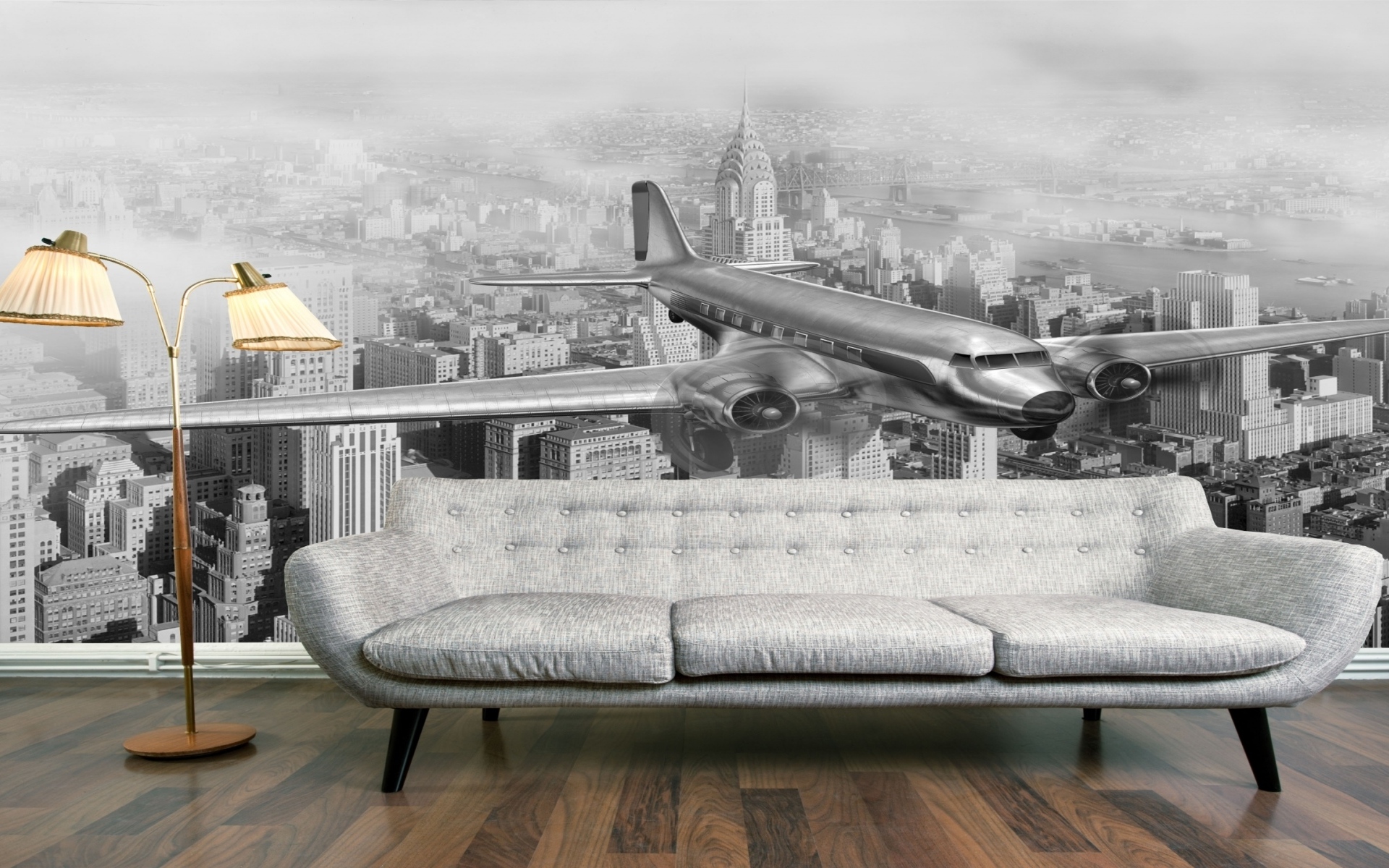 Диван в комнате с фотообоями