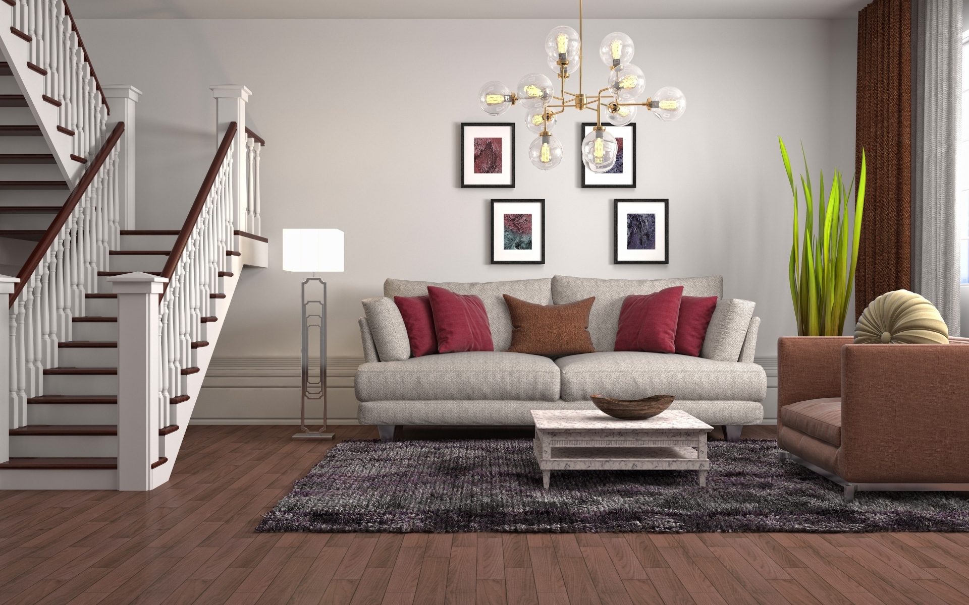 Просторная гостиная с лестницей