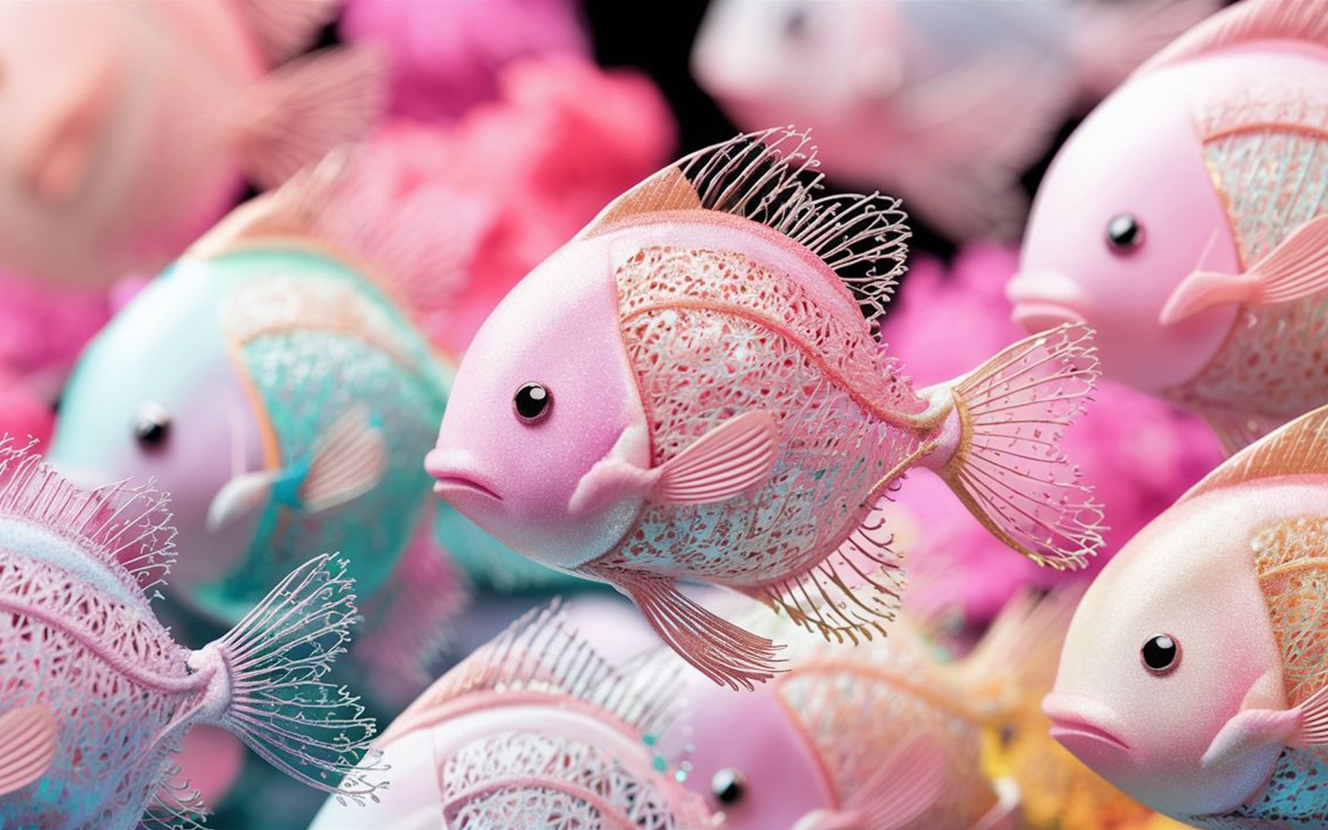 Разноцветные 3д рыбки крупным планом