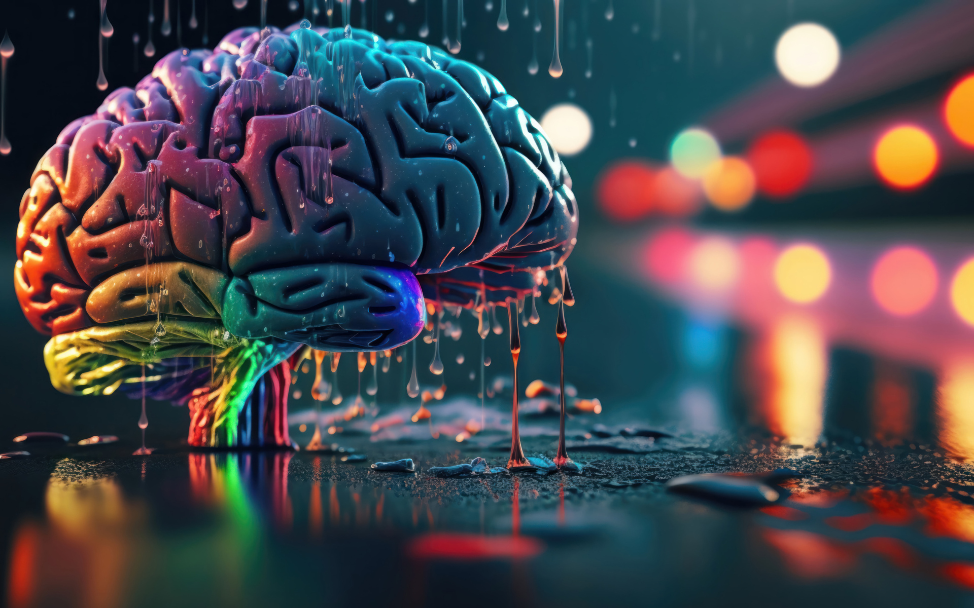 Разноцветный мозг под дождем на асфальте