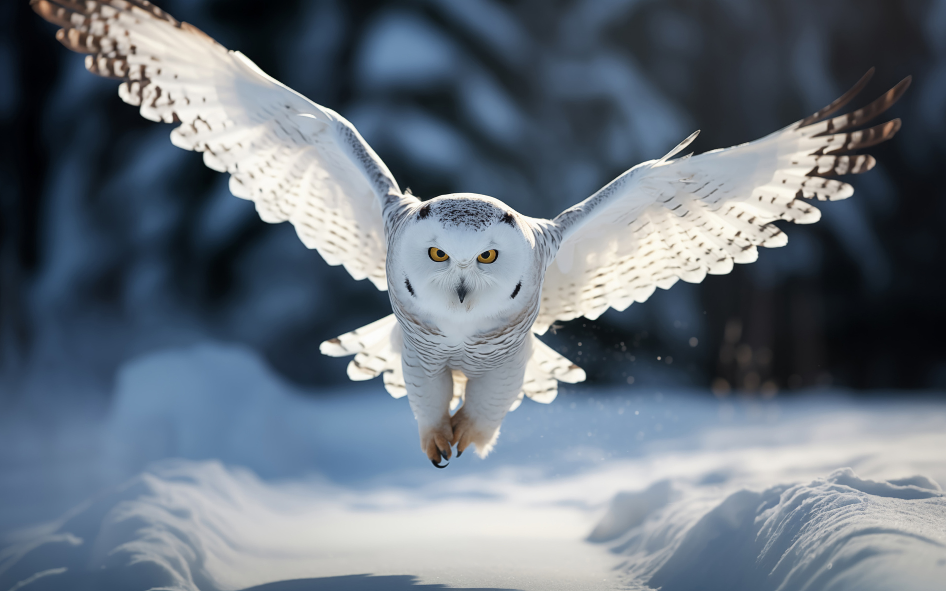 Большая белая сова летит над снегом