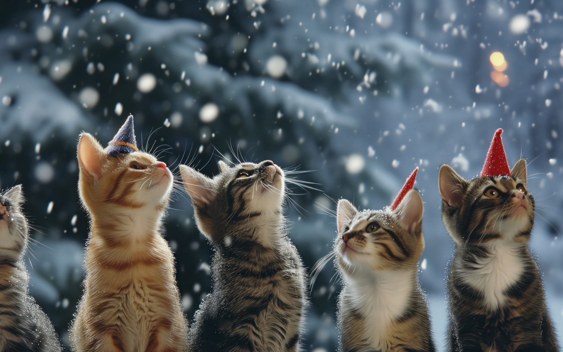 Рождественские коты смотрят вверх на снег