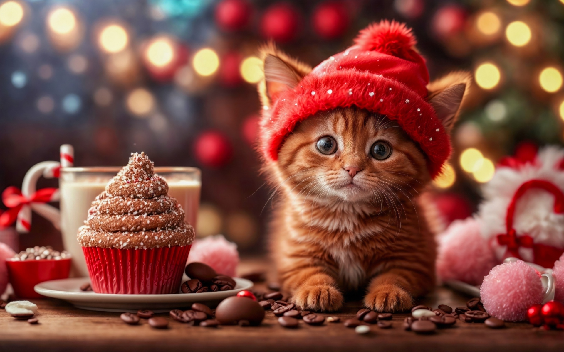 Милый маленький рыжий котенок с пирожным