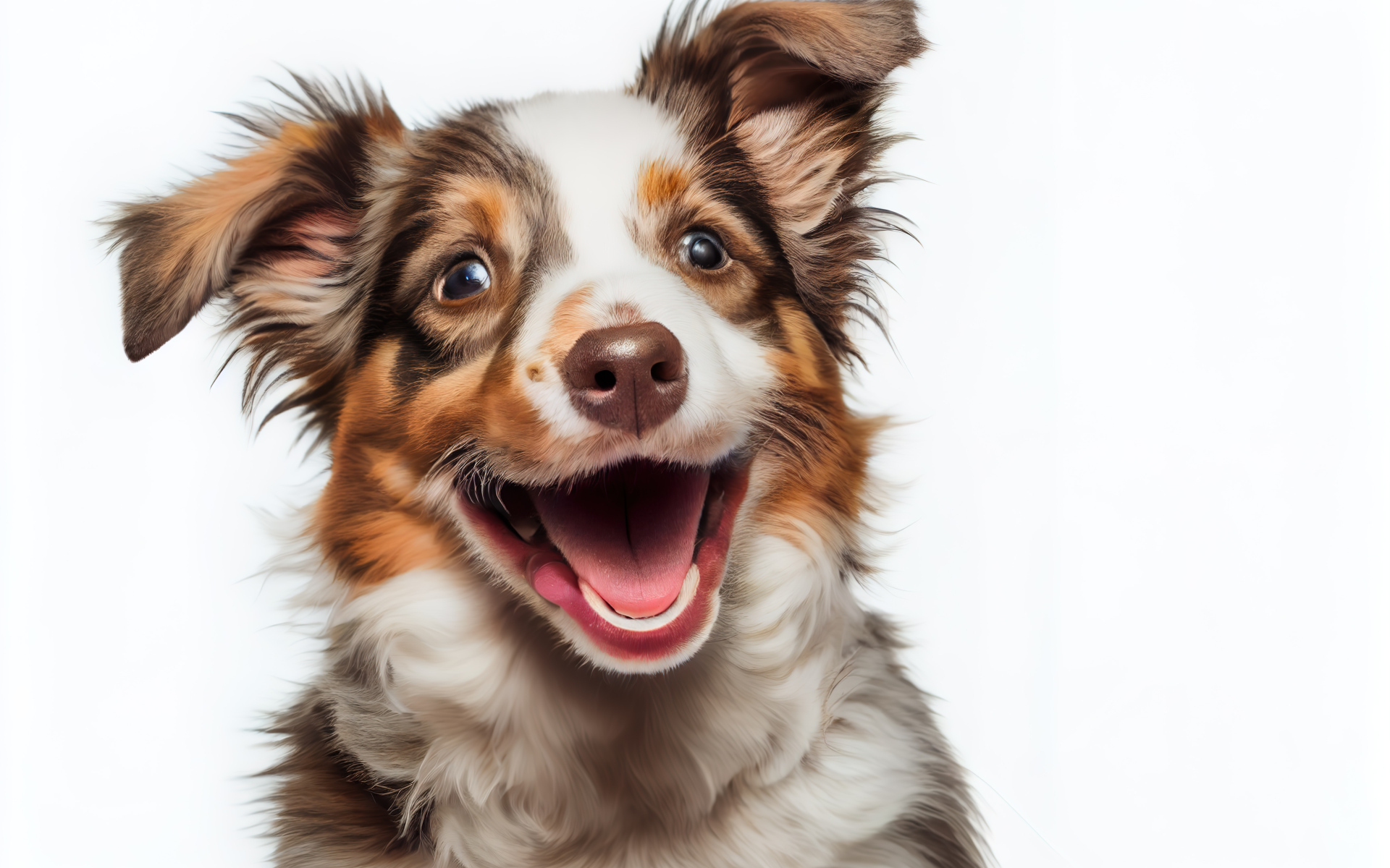 Веселый щенок с открытой пастью на белом фоне