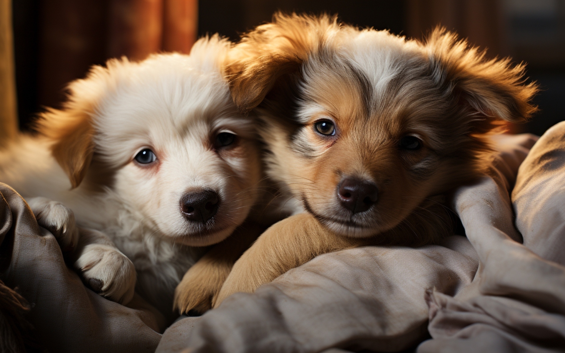 Два щенка швейцарской овчарки лежат на кровати