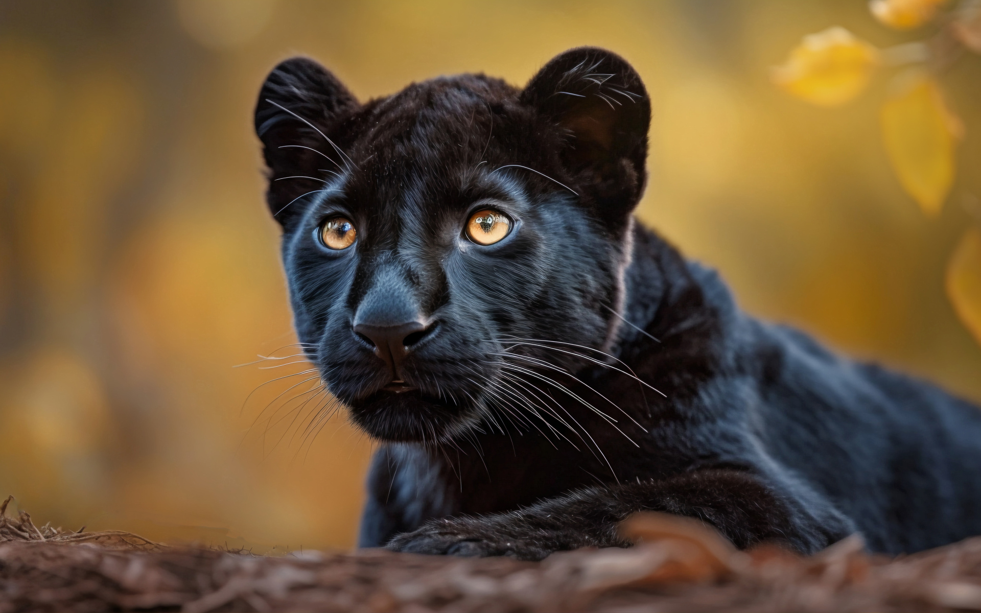 Маленькая черная пантера лежит на земле