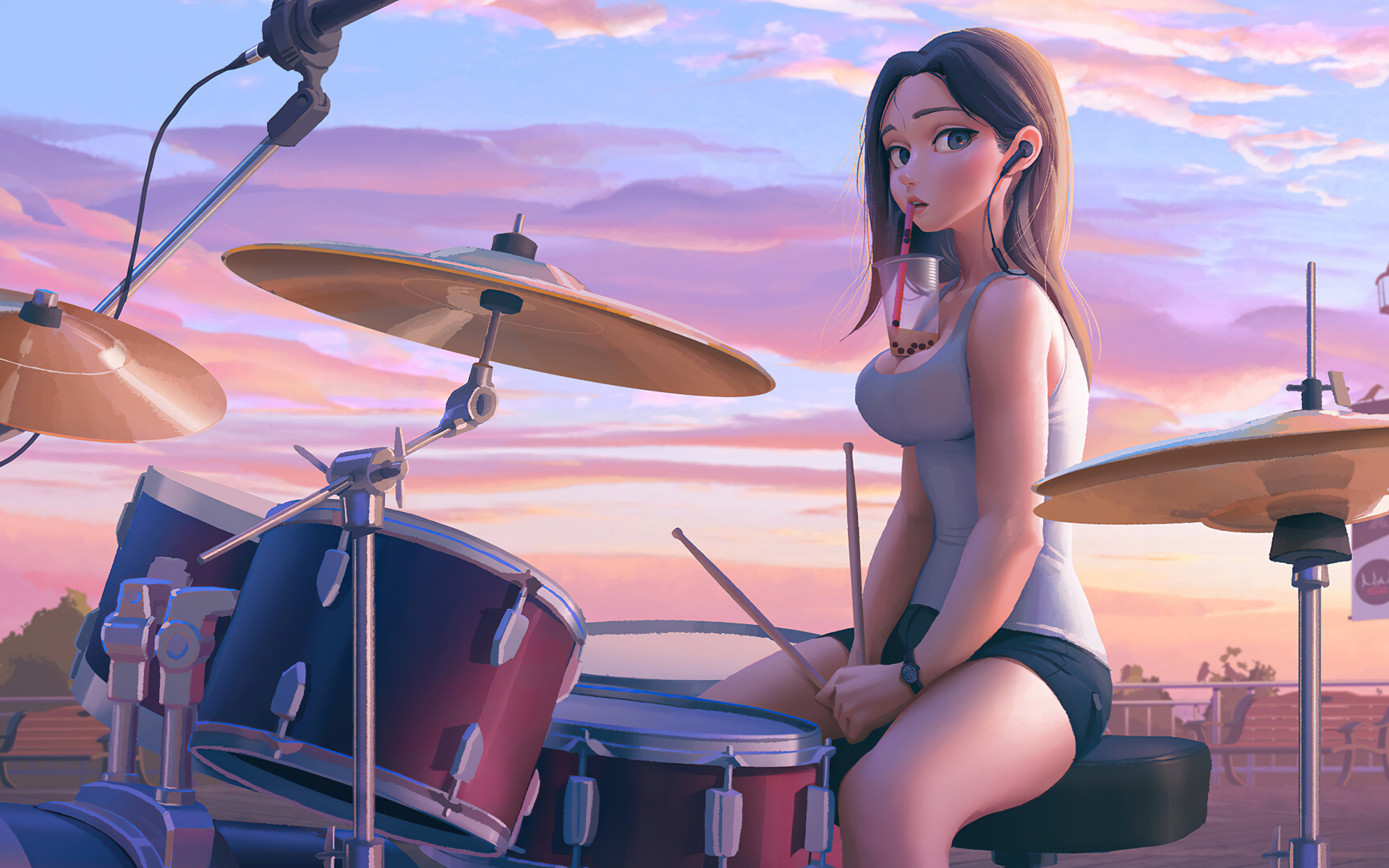 Девушка аниме за барабанной установкой