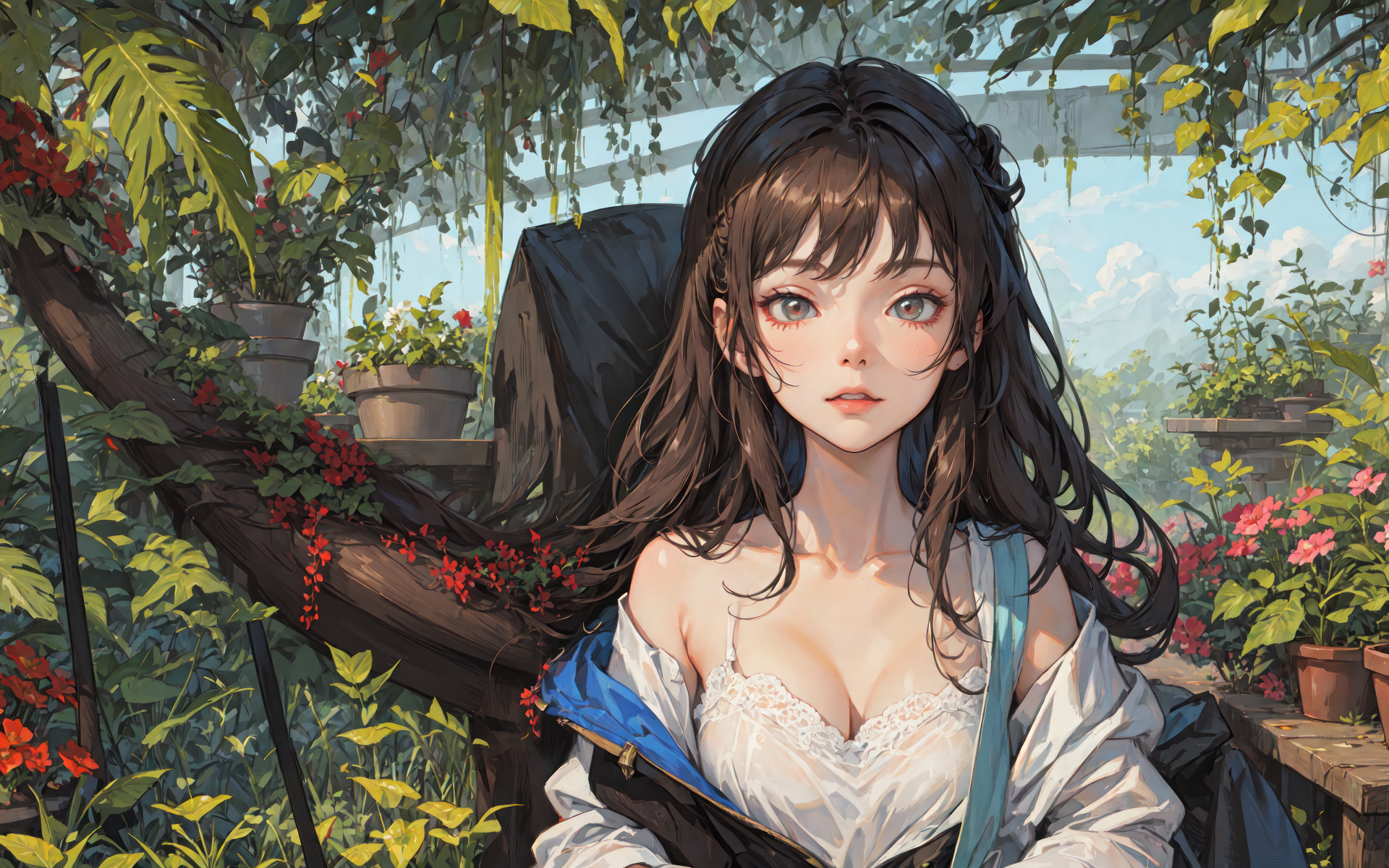 Девушка аниме в оранжерее с цветами