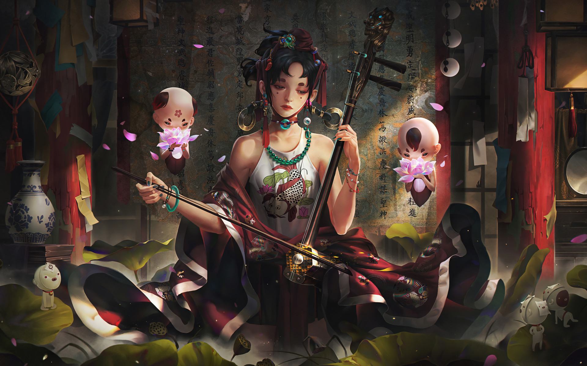 Девушка аниме играет на музыкальном инструменте