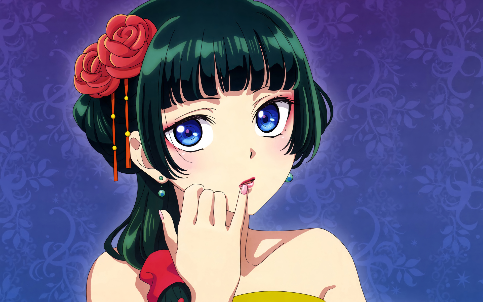 Девушка аниме с большими голубыми глазами на синем фоне